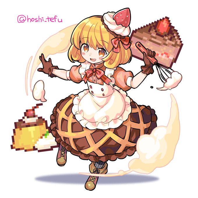 可愛い金髪な女の子。ピンクシャツとエプソンとワッフル柄スカート着ている。髪型はホイップクリーム入りイチゴ。