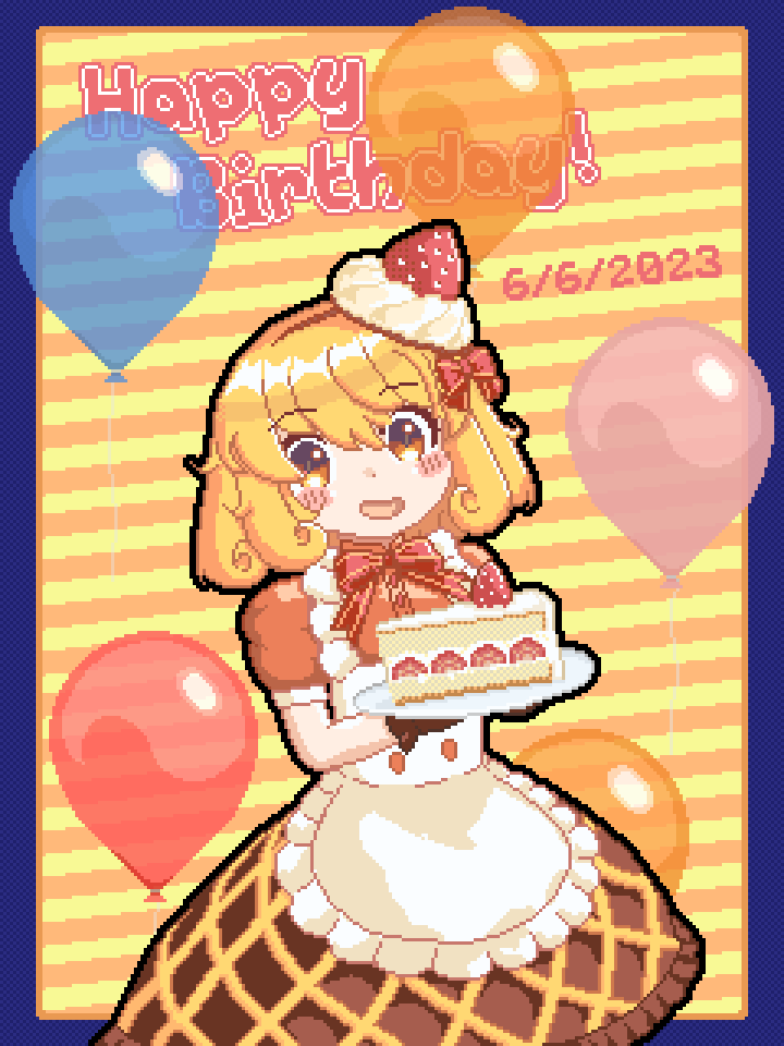 可愛いワッフルズちゃんドット絵。ワッフルズちゃんがストロベリーショートケーキ持てる。